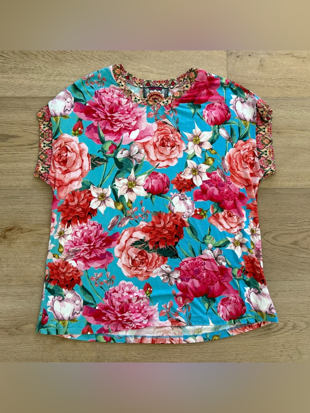 Johnny Was Pink Rose Relaxed Tee Bamboo Floral Top Medium Turquoise